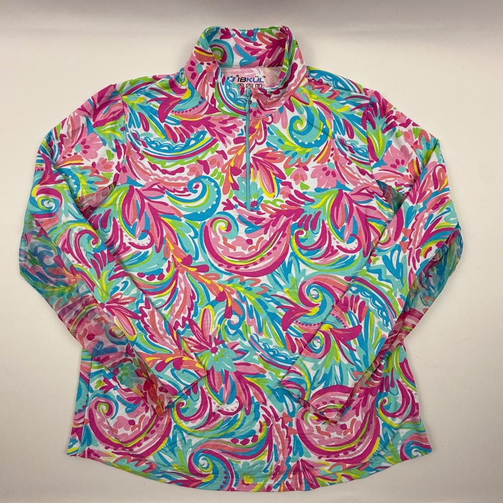 IBKUL Womens XL Sun Shirt Icefil UPF 50+ Paisley Floral Quarter Zip Pink Blue